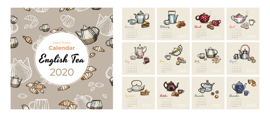 2020 calendar food and tea art vector set. Tea party sketched calendar. Set 12 month pages. Teapots, cups, cookies