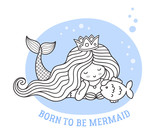 Fototapeta Dinusie - Lying dreamy princess mermaid with fish. Born to be mermaid. Vector illustration.