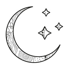 Wall Mural - crescent moon with stars with abstract patterns on isolation background. design for spiritual relaxa