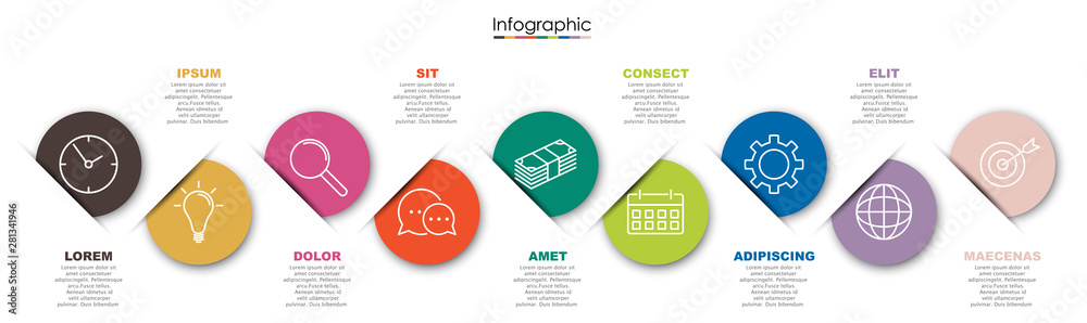 Vector infographic template with nine steps or options. Illustration presentation with line elements icons.  Business concept design can be used for web, brochure, diagram - obrazy, fototapety, plakaty 