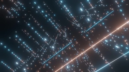  - seamless loop. camera pan across neon glow led dots and lines, traversing and navigating inside abst
