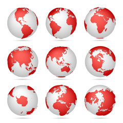 Wall Mural - Collection of bright red-white globes icons. Set maps of the world. Planet with continents