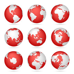 Wall Mural - Collection of bright red-white globes icons. Set maps of the world. Planet with continents