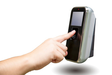 The hand are scanning on fingerprint machine for enter digital security door system in the office building at Bangkok ,Thailand. Finger Scanning for work on white background with clipping path.