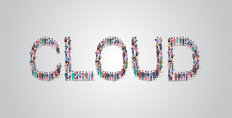 Poster - people crowd gathering in shape of cloud word different occupation employees mix race workers group standing together social media community concept flat horizontal