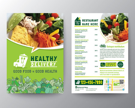 Food Delivery Flyer Pamphlet brochure design vector template in A4 size. Healthy Meal, Green color Restaurant menu template