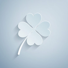 Paper Cut Four Leaf Clover Icon Isolated On Grey Background. Happy Saint Patrick Day. Paper Art Style. Vector Illustration