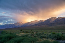 Mountain Range Colorful Sunset With Clouds Before Storm , Eastern Sierra Mountains, Mono County, California, USA