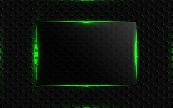 Abstract black background with glass shapes and green neon light concept composition. Modern dark cover vector design template for use element banner, presentation, brochure, frame, web, advertising