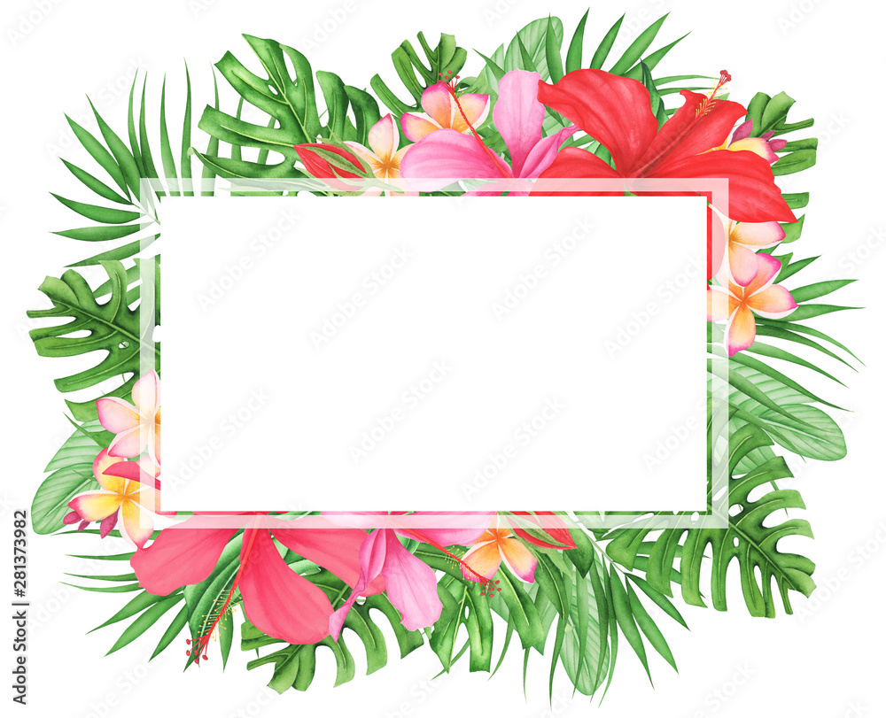Frame with Tropical leaves and flowers set, watercolor painting ...