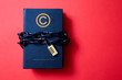 Concept for copyright, patent or intellectual property and idea protection. Book wrapped in a chain with a lock.