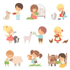 Wall Mural - Cute Little Boys and Girls Feeding Animals Set, Adorable Kids Caring for Wild and Domestic Animals Cartoon Vector Illustration