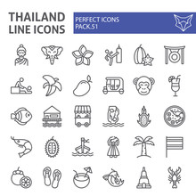Thailand Line Icon Set, Thai Symbols Collection, Vector Sketches, Logo Illustrations, Asia Signs Linear Pictograms Package Isolated On White Background.