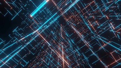  - seamless loop. camera pan across neon glow led dots and lines, traversing and navigating inside abst