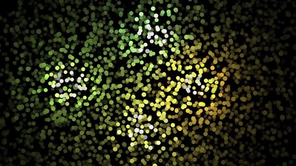 Poster - Abstract animation of small colorful particles chaotically moving on the black background and changing a color. Animation. Dynamic colorful animation on the black background