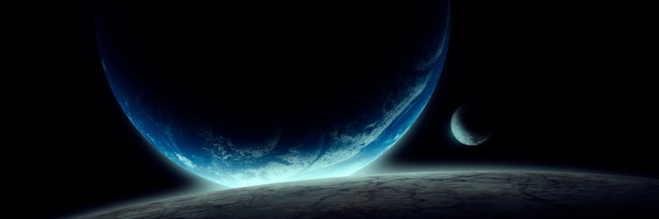 Wall Mural - planet with satellite rising above horizon, surreal space landscape illustration