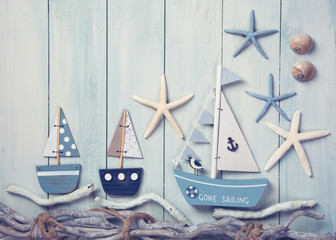 Marine life decoration on a wooden background