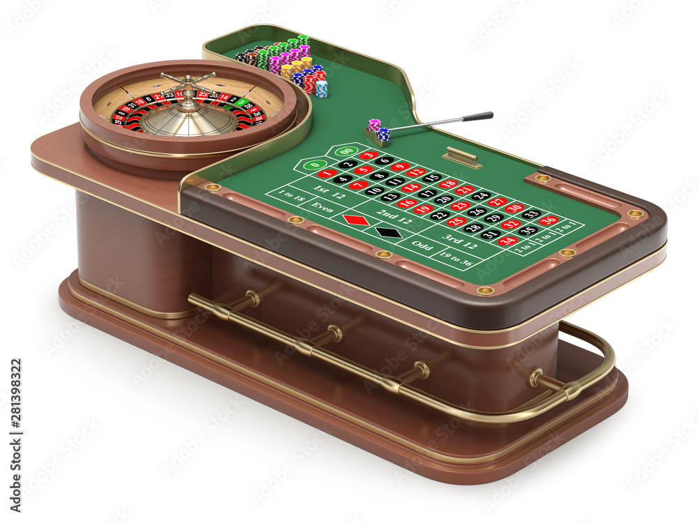 Roulette table with chips, rack and roulette wheel - 3D illustration
