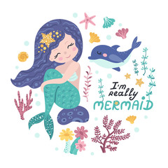 Wall Mural - Poster with mermaid, sea animals and lettering