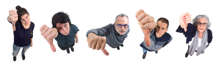 group of people thumbs down on white background