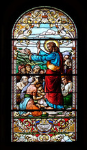 Sermon On The Mount, Stained Glass Window In The Saint John The Baptist Church In Zagreb, Croatia
