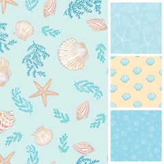 Set of marine and nautical backgrounds in navy blue and white colors. Sea theme. Cute seamless patterns collection. Vector illustration.