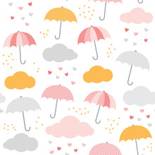 Rain Vector Pattern. Cute Umbrella, Cloud, Raindrops, Hearts. Baby, Child Seamless Print Design. 