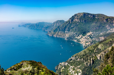 Wall Mural - Aerial view of Positano town and Amalfi coast  from hiking trail 