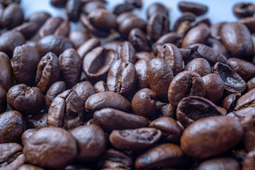 Coffee Beans Background. Close Up fresh roasted brown