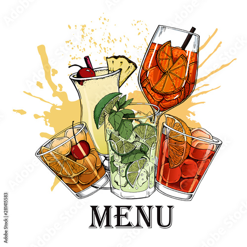 Cuadros en Lienzo Vector illustration of alcoholic cocktails hand drawn style 13