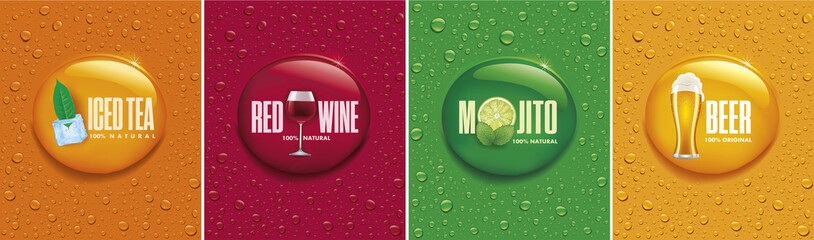 Wall Mural - many fresh drops on different color backgrounds with iced tea, wine, beer, mojito