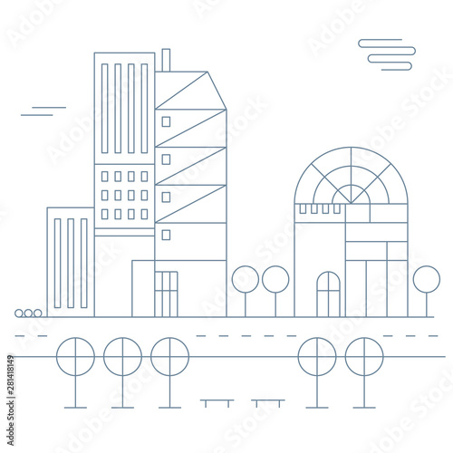 Line city scene with buildings, trees, roads and sky.