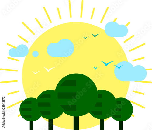 Simple natural landscape with big sun and forest, clouds and birds.
