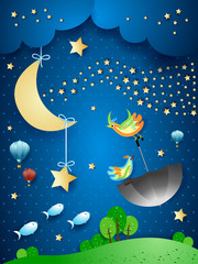 Sticker - Surreal night with wave of stars, flying umbrella and fishes