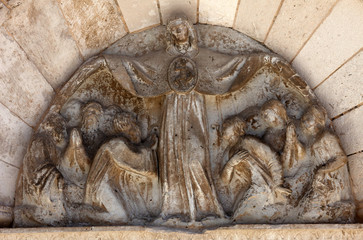 Protective mantle Madonna, statue on the portal of Church of the Assumption of the Virgin in Pag, Croatia