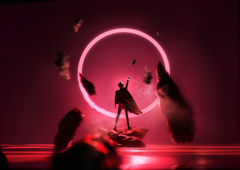 Futuristic fantasy glowing red loop with a person reaching up into it. Conceptual portrait 3D illustration