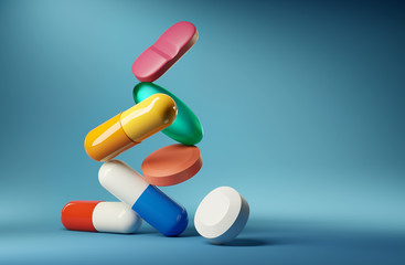 medical balancing act. a group of medicine pills and antibiotics balancing on top of each other. 3d 