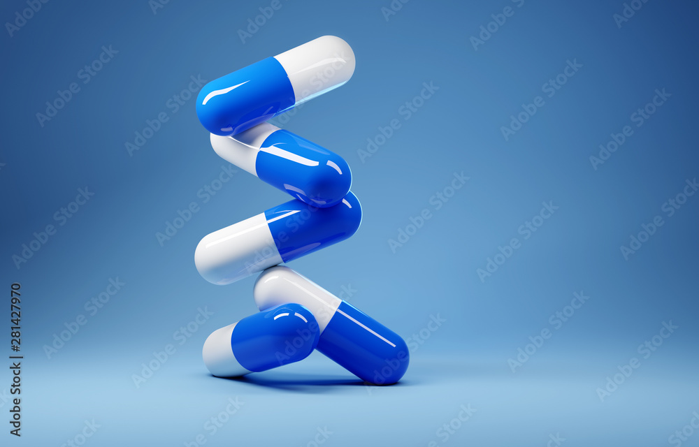 A stack of antibiotic pill capsules on a blue background. 3D render illustration. - obrazy, fototapety, plakaty 