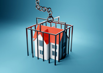 A house trapped in a caged prison. Mortgage, home owner trapped concept. 3D render illustration.