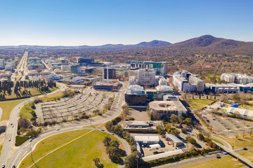 Sticker - Aerial view of Canberra CBD looking north west over the city and London Circuit, with City Hill and Northbourne Avenue at left