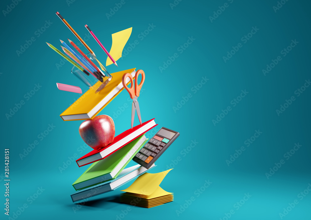 Back to school education background concept with falling and balancing school accessories and items. 3D render illustration. - obrazy, fototapety, plakaty 