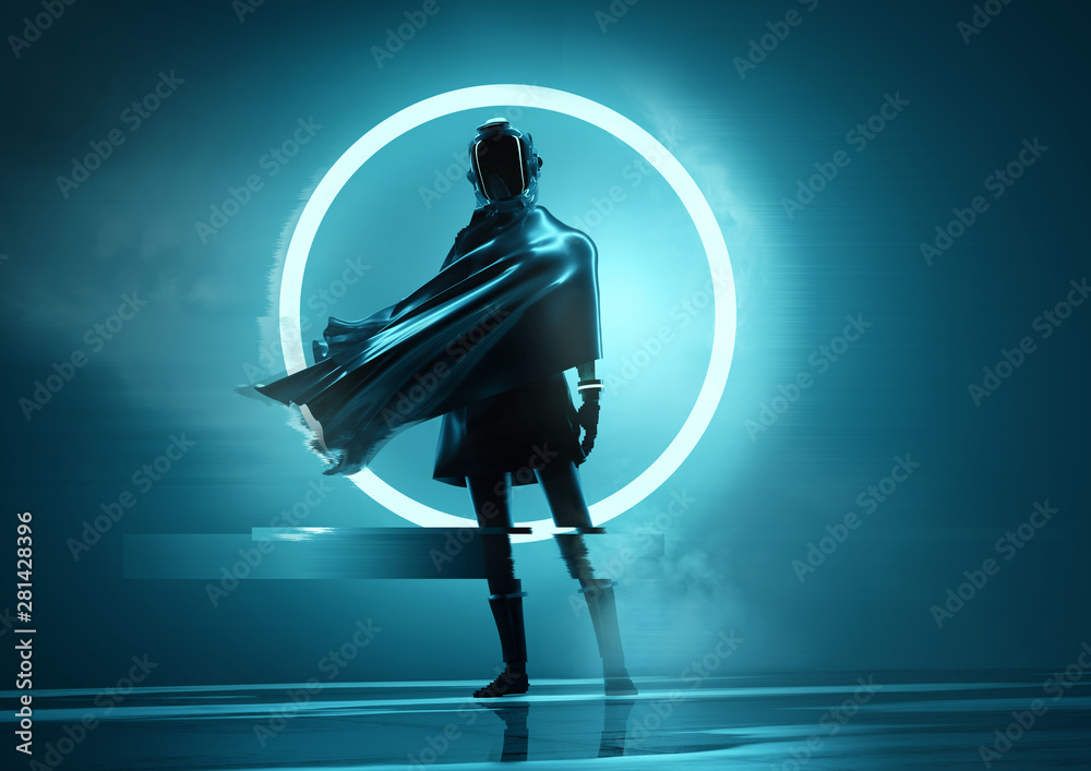 A futuristic space women astronaut standing in front of the camera with a glowing neon circle in the background. Conceptual people portrait 3D illustration. - obrazy, fototapety, plakaty 