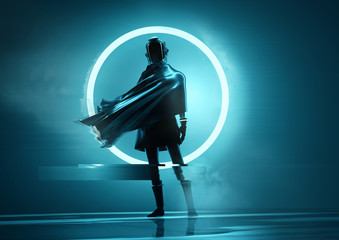 A futuristic space women astronaut standing in front of the camera with a glowing neon circle in the background. Conceptual people portrait 3D illustration.