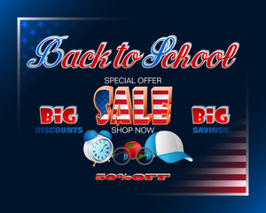 Poster - Back to school design, background with handwriting and three dimensional texts, cap, alarm clock and apple and for sales, commercial event; Vector illustration 