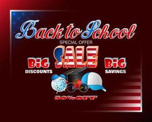 Poster - Back to school design, background with handwriting and three dimensional texts, cap, alarm clock and apple and for sales, commercial event; Vector illustration
