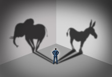 Republican And Democrat Voter Concept As A Symbol Of An American Election Political Identity Campaign Choice As Two United States Political Parties Shaped As An Elephant And Donkey.