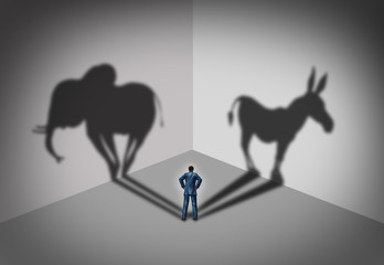 Republican and democrat voter concept as a symbol of an American election political identity campaign choice as two United States political parties shaped as an elephant and donkey.