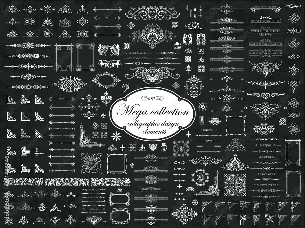 Mega collection of vector calligraphic design elements on chalkboard background - obrazy, fototapety, plakaty 