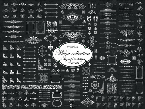 Cuadros en Lienzo Mega collection of vector calligraphic design elements on chalkboard background
