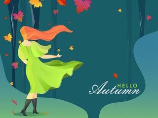 Sticker - Back view of young woman and flying leaves on beautiful nature forest green abstract background for Hello Autumn poster or banner design.